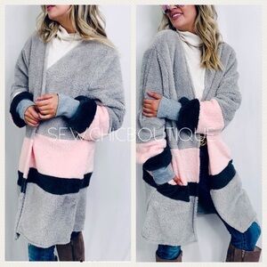 Gray Sherpa Fleece Color Block Open Cardigan